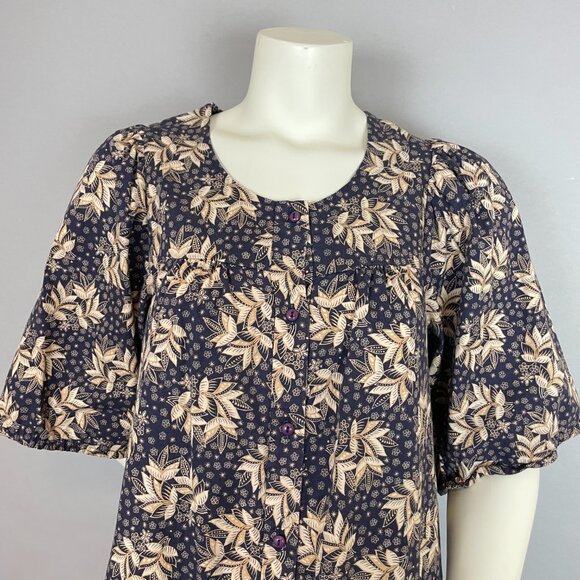 Handmade Muumuu Dress Leafy Floral Print Button-Up Ruffle Hem Purple Cream Women - Picture 3 of 11